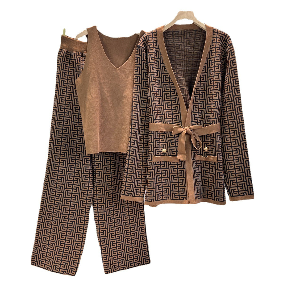 Printed Coat Sweater Wide-leg Pants Suit - RULACOUTURE 