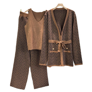 Printed Coat Sweater Wide-leg Pants Suit - RULACOUTURE 