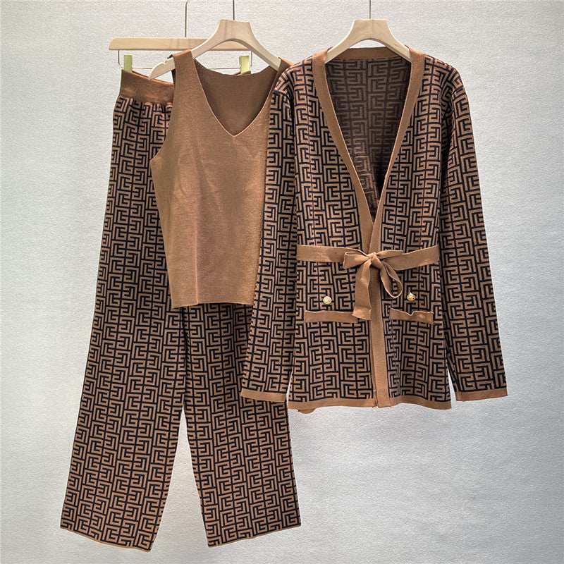 Printed Coat Sweater Wide-leg Pants Suit - RULACOUTURE 