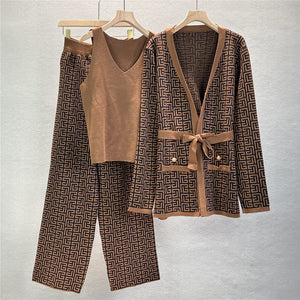 Printed Coat Sweater Wide-leg Pants Suit - RULACOUTURE 