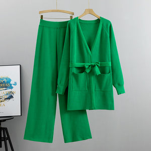 Knitted Cardigan Wide Leg Pants Casual Two-piece Set - RULACOUTURE 