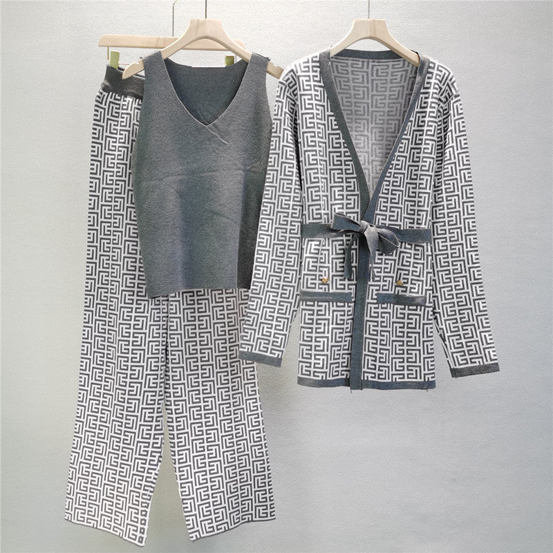 Printed Coat Sweater Wide-leg Pants Suit - RULACOUTURE 