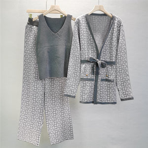 Printed Coat Sweater Wide-leg Pants Suit - RULACOUTURE 