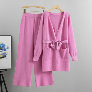 Knitted Cardigan Wide Leg Pants Casual Two-piece Set - RULACOUTURE 