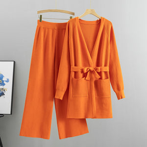Knitted Cardigan Wide Leg Pants Casual Two-piece Set - RULACOUTURE 