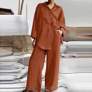 Irregular Hem Shirt and Wide-Leg Trouser Set - RULACOUTURE 