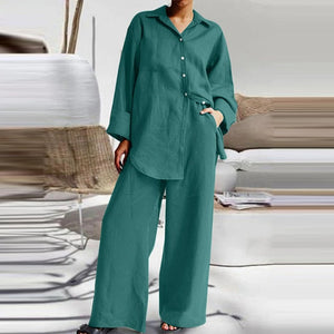Irregular Hem Shirt and Wide-Leg Trouser Set - RULACOUTURE 