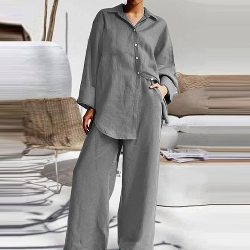 Irregular Hem Shirt and Wide-Leg Trouser Set - RULACOUTURE 