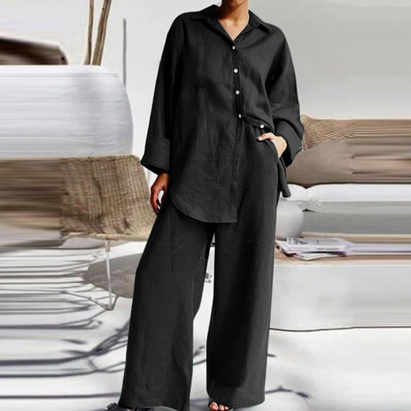 Irregular Hem Shirt and Wide-Leg Trouser Set - RULACOUTURE 