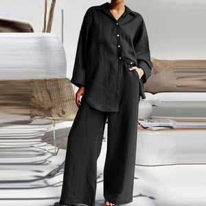 Irregular Hem Shirt and Wide-Leg Trouser Set - RULACOUTURE 