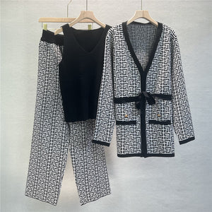 Printed Coat Sweater Wide-leg Pants Suit - RULACOUTURE 
