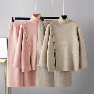 Slit Knitted Turtleneck Two-piece Set - RULACOUTURE 