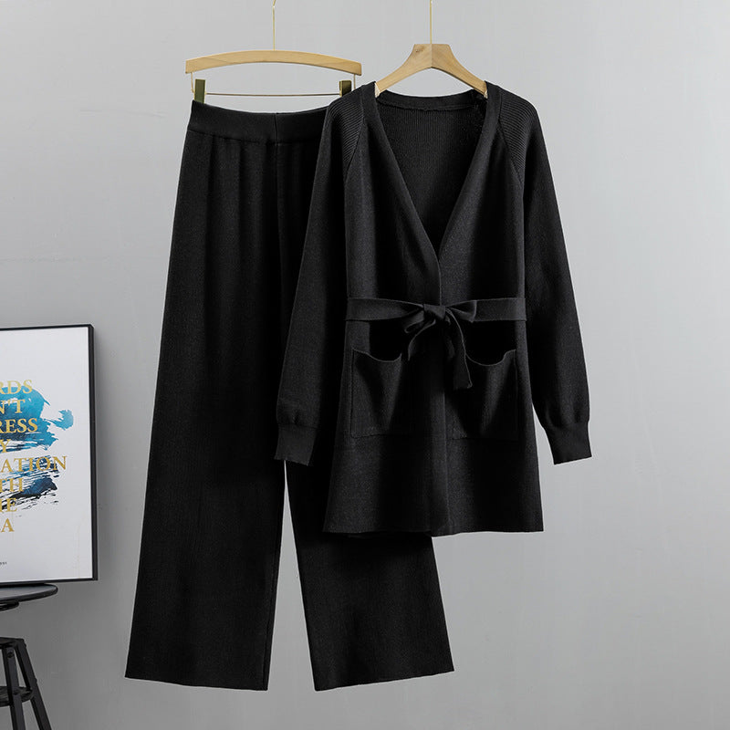 Knitted Cardigan Wide Leg Pants Casual Two-piece Set - RULACOUTURE 
