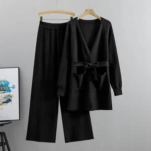 Knitted Cardigan Wide Leg Pants Casual Two-piece Set - RULACOUTURE 