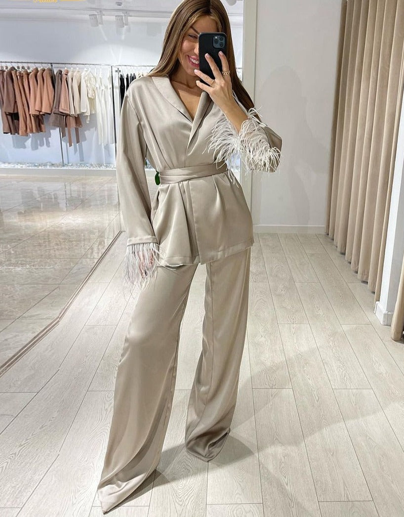Feather Khaki Satin Wide Leg Set - RULACOUTURE 