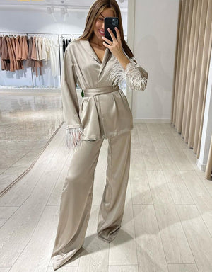Feather Khaki Satin Wide Leg Set - RULACOUTURE 