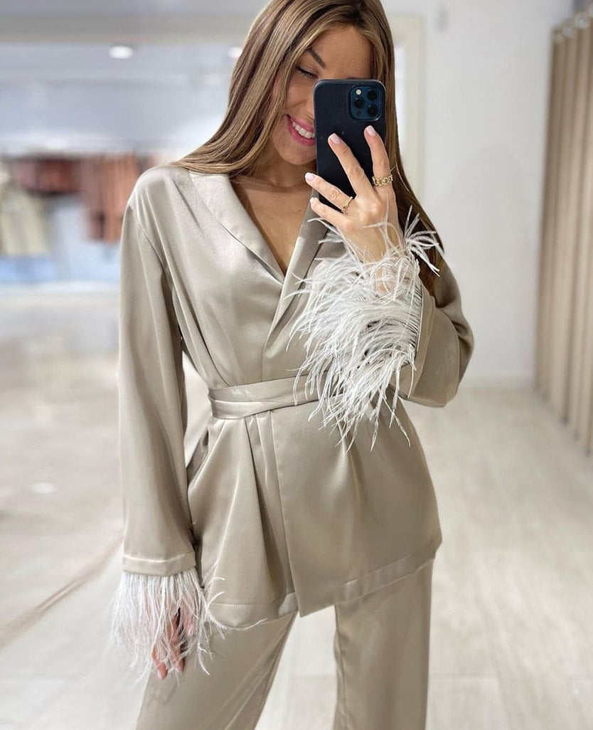Feather Khaki Satin Wide Leg Set - RULACOUTURE 