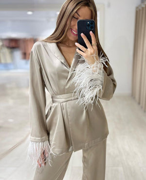 Feather Khaki Satin Wide Leg Set - RULACOUTURE 