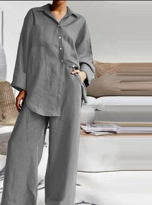 Irregular Hem Shirt and Wide-Leg Trouser Set - RULACOUTURE 